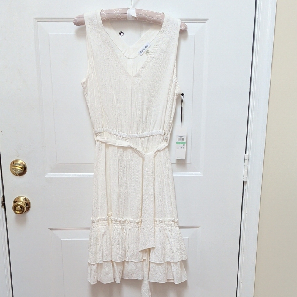 Calvin Klein Cream V-Neck Tiered Midi Dress